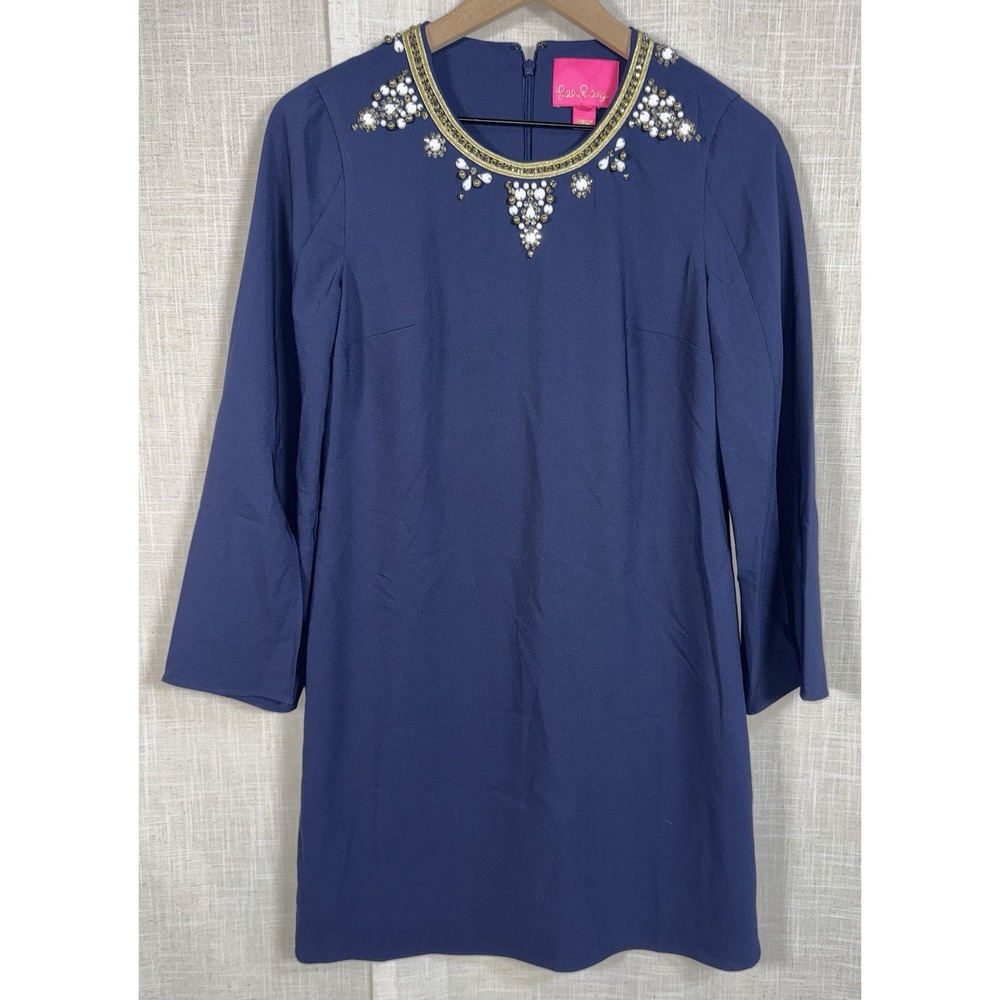 NWOT Lilly Pulitzer Anastasia Stretch Dress True Navy Blue Size 0 Beaded Shift